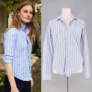 FRANK & EILEEN Barry Crinkle Cotton Tailored Button Up Shirt Blue Stripe Sz XS